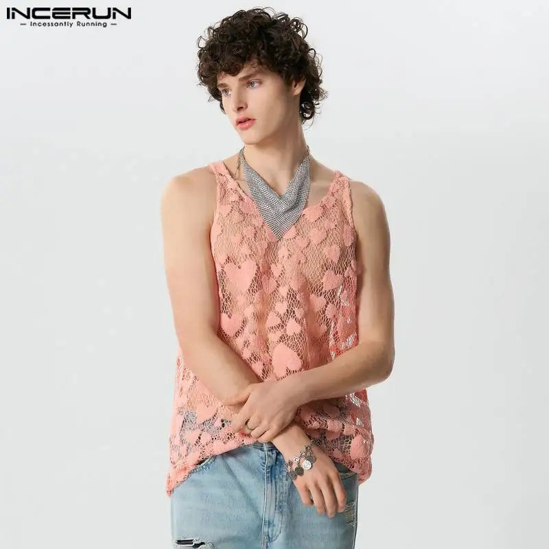 INCERUN Tops 2024 American Style Fashion Men O-neck Hollow Heart Design Vests Summer Sexy Casual Thin Sleeveless Tank Tops S-5XL