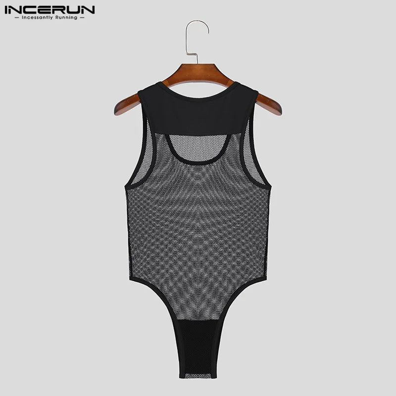 2024 Men Bodysuits Mesh Patchwork Sexy O-neck Sleeveless Male Bodysuit Transparent Skinny Rompers Men's Underwear S-5XL INCERUN