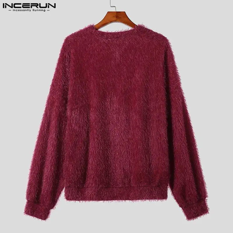 2023 Men Pullovers Solid Color Plush O-neck Long Sleeve Streetwear Casual Men Clothing Autumn Stylish Sweaters S-5XL INCERUN