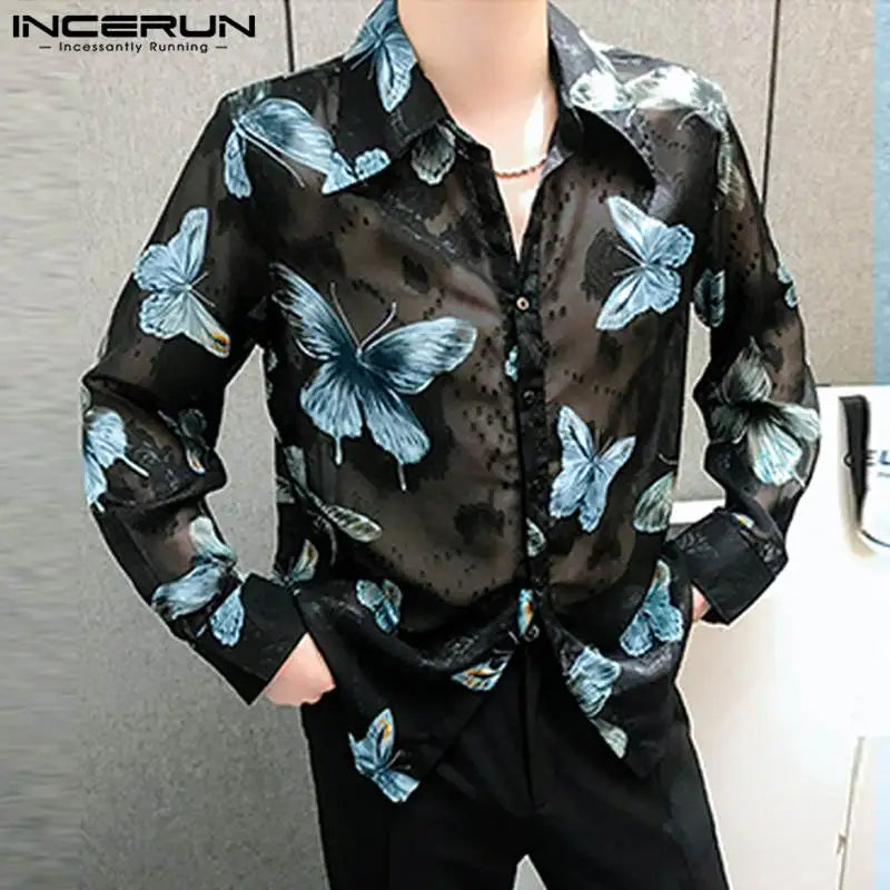 INCERUN Tops 2024 Korean Style Fashion Men's Funny Printed Pattern Shirt Casual Streetwear Perspective Long Sleeved Blouse S-5XL