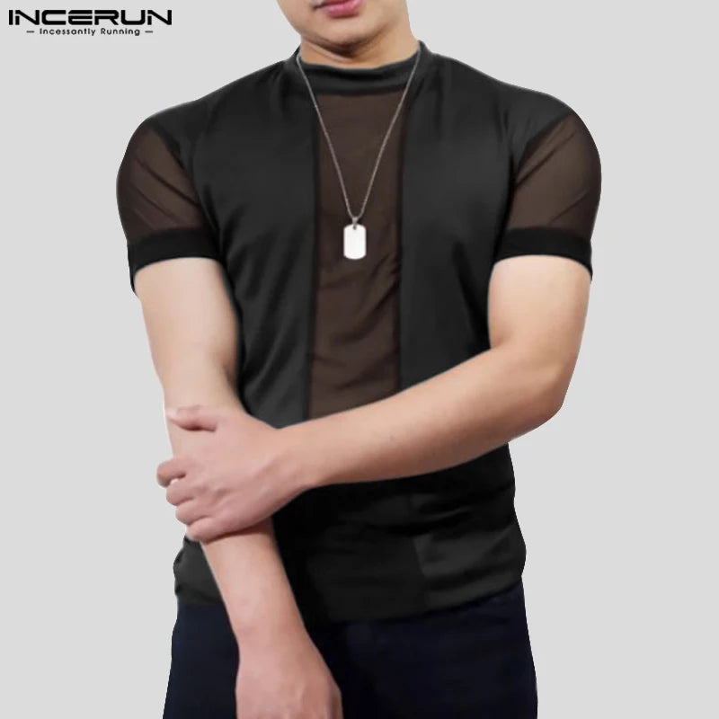 2023 Men's T Shirt Mesh Patchwork Streetwear O-neck Short Sleeve Sexy Camisetas See Through Fashion Men Clothing S-5XL INCERUN