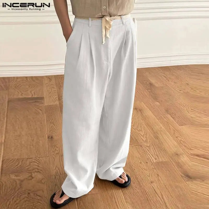 INCERUN 2024 Korean Style Trousers Men's Strappy Double Pleated Coarse Fiber Straight Leg Pant Male Solid Simple Pantalons S-5XL