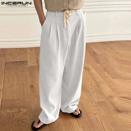 INCERUN 2024 Korean Style Trousers Men's Strappy Double Pleated Coarse Fiber Straight Leg Pant Male Solid Simple Pantalons S-5XL