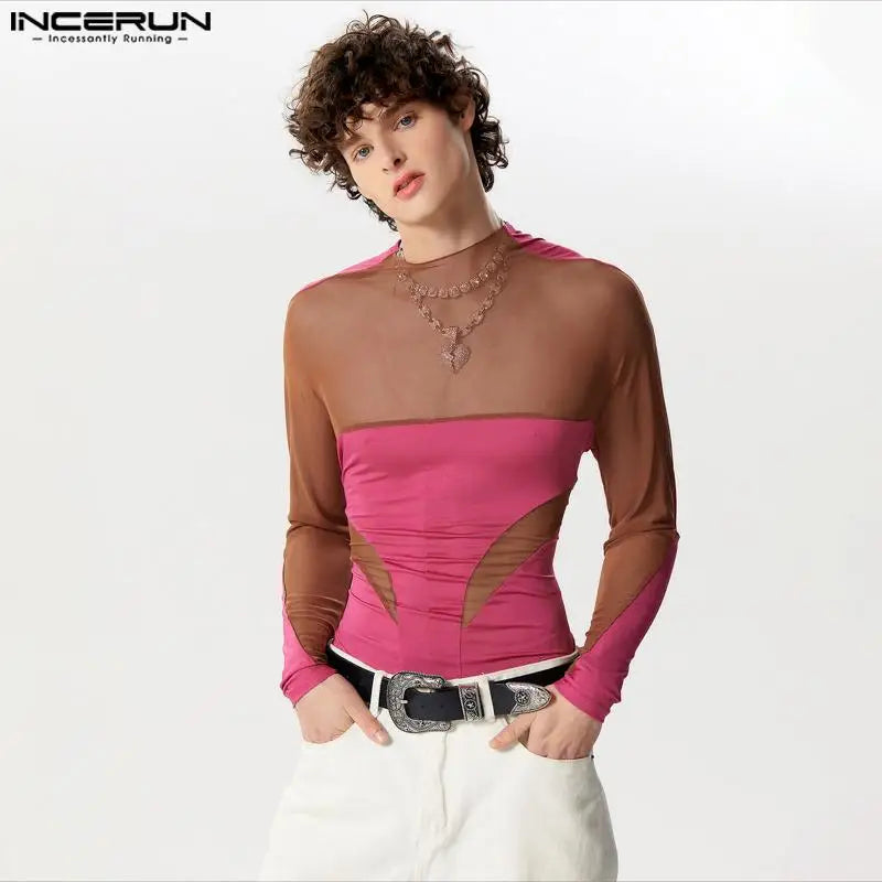 INCERUN 2024 Sexy Fashion Mens Jumpsuits See-through Mesh Deconstruction Design Splicing Long Sleeved Triangular Bodysuits S-3XL