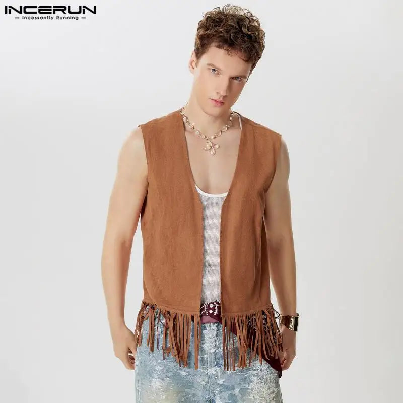 Sommer Stilvolle Tops INCERUN Hübscher männer Wildleder Quaste Design Westen Casual Streetwear Männlichen Solide Strickjacke Westen S-5XL 2024