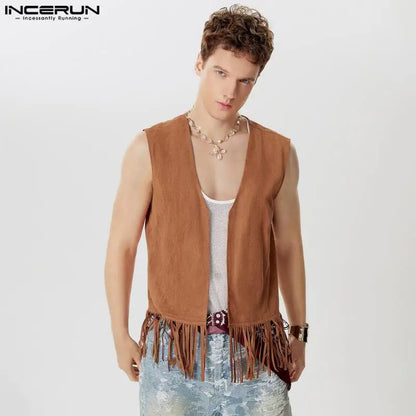 Summer Stylish Tops INCERUN Handsome Men's Suede Tassel Design Vests Casual Streetwear Male Solid Cardigan Waistcoats S-5XL 2024