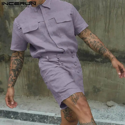 INCERUN 2024 Ensembles de mode de style américain Hommes Chemise à manches courtes Solide Short taille haute Décontracté Streetwear Ensemble deux pièces S-5XL