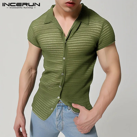 INCERUN MEN Shirts 2024 Fashion Short Sleeve Tops Hollow Out Shirt Men Clothing Streetwear Solid Lapel Camisas Button Tee S-5XL