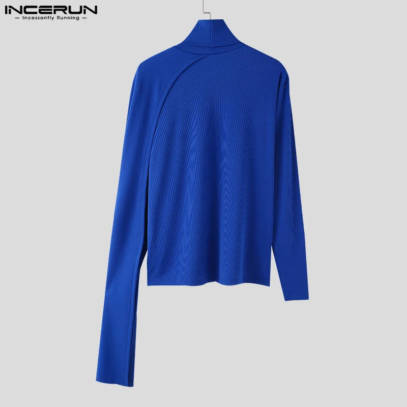 INCERUN Tops 2023 American Style Handsome Men's Knitted Pit Stripe High Neck Pullover Casual Fashion Solid Elastic Sweater S-5XL