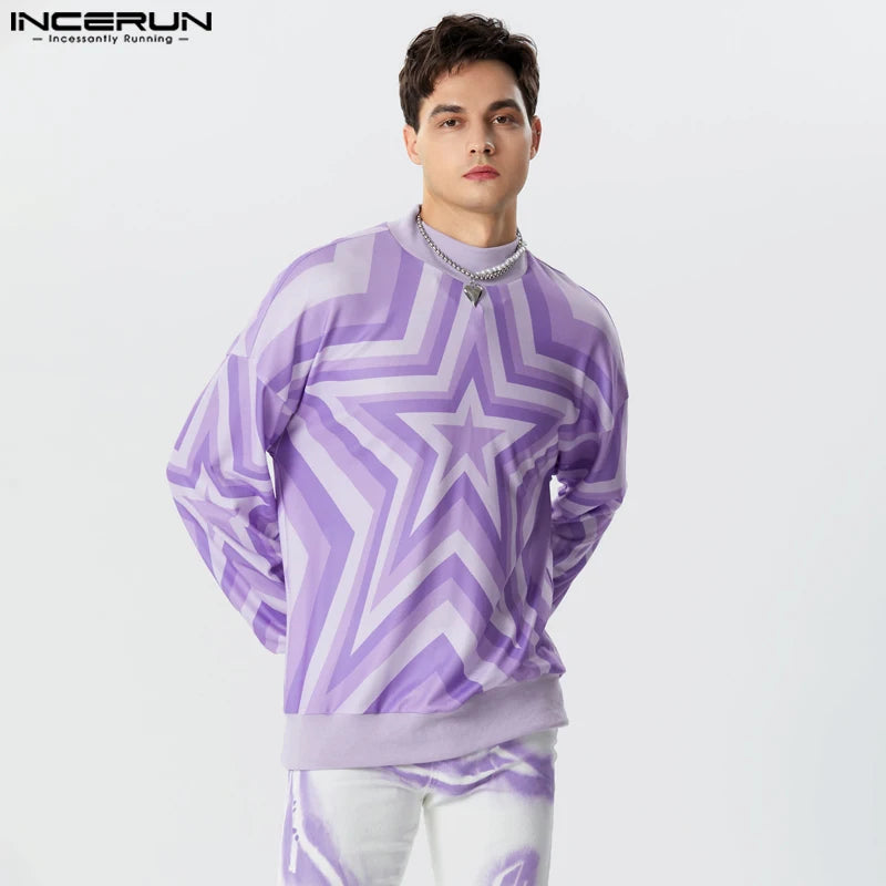 Fashion Handsome Men's Tops INCERUN Hot Sale Gradient Star Printed Pullover Casual High Neck Pullover Long Sleeved Sweater S-5XL