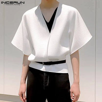 INCERUN Tops 2024 Korean Style Men's Textured Large V-neck Design T-shirts Casual Streetwear Solid Short Sleeved Camiseta S-5XL