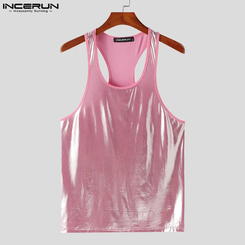 INCERUN Tops 2024 Style coréen Hommes Tissu brillant Mince Bandoulière Conception Gilets Décontracté Fête Spectacles Sans Manches Débardeurs S-5XL