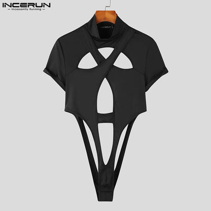 INCERUN 2023 Sexy New Mens Homewear Jumpsuits Symmetric Hollow Design Short Sleeve Half High Neck Solid Triangle Bodysuits S-5XL