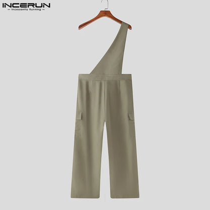 INCERUN 2023 Korean Style Men's Jumpsuits One Shoulder Design Solid Jumpsuits Casual Street Personalized All-match Rompers S-5XL