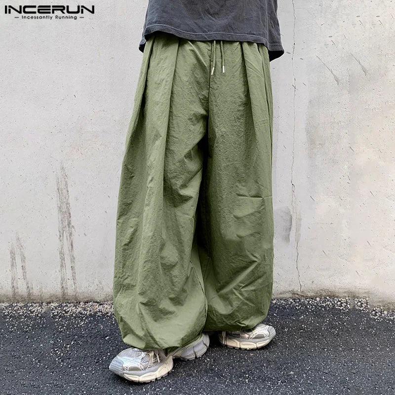 INCERUN 2024 Korean Style Trousers Men's Pleated Splicing Wide Leg Pantalons Casual Simple Male Solid Drawstring Long Pant S-5XL