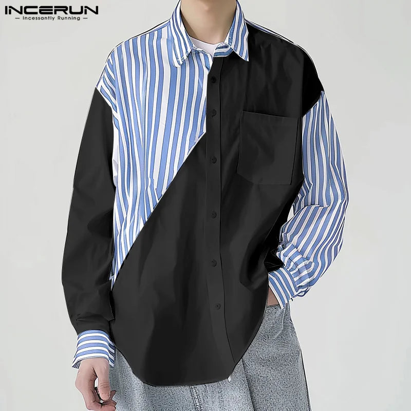 INCERUN Tops 2024 Koreanischen Stil Männer Gestreiften Patchwork Kontrast Shirts Casual Streetwear Persönlichkeit Langarm Bluse S-5XL