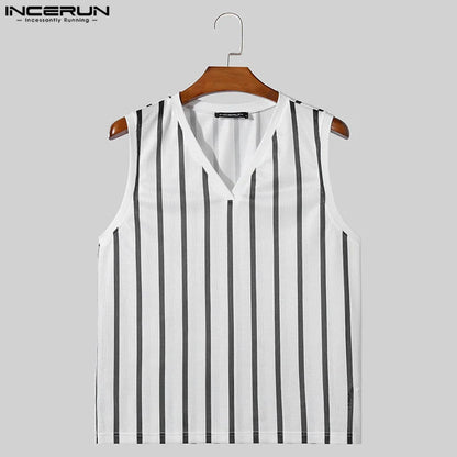 INCERUN Tops 2024 Korean Style Fashion Men's V-neck Striped Perspective Vests Casual Streetwear Sexy Sleeveless Tank Tops S-5XL