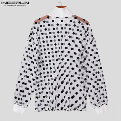 INCERUN Tops 2024 Sexy Men's Polka Dot See-through Mesh T-shirt Sexy Clubwear Half High Collar Bishop Long Sleeve Camiseta S-5XL