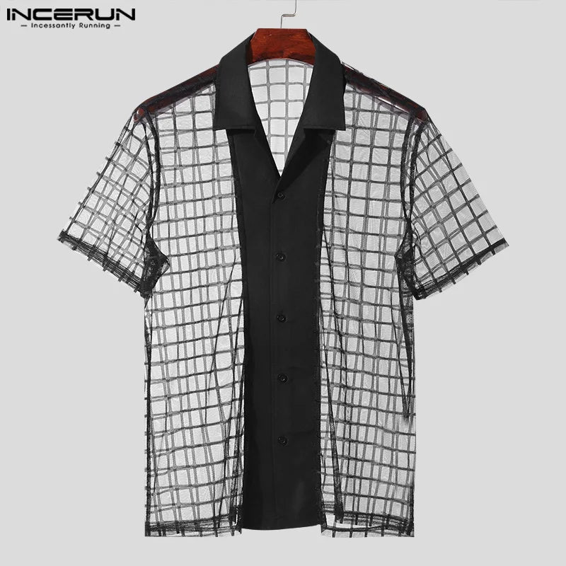 INCERUN Tops 2024 American Style Sexy New Mens Checkered Mesh Perspective Shirts Casual Hot Sale Thin Short Sleeved Blouse S-5XL