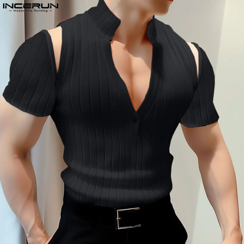 INCERUN Tops 2024 Korean Style Men's Sexy Shoulder Hollow Design T-shirts Fashion Solid Deep V-neck Short Sleeved Camiseta S-5XL