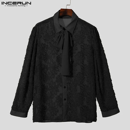 INCERUN Tops 2024 Fashion Men Ribbon Jacquard Feather Shirts Handsome Male Personality Plush Patchwork Long Sleeved Blouse S-5XL