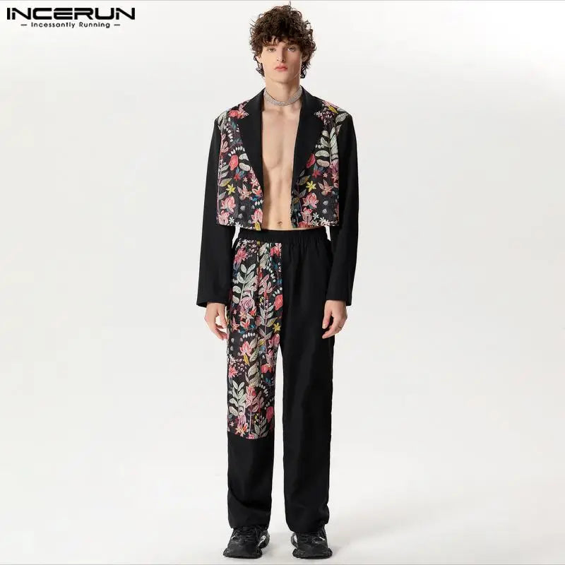 INCERUN 2024 Amerikanischen Stil Herrenmode Sets Kurze Langarm Anzug Mäntel Lange Hosen Sexy Patchwork Spitze Zwei-stück Sets S-5XL