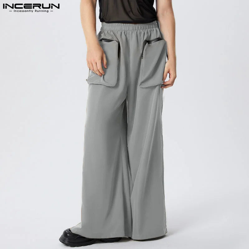 INCERUN 2024 American Style Pantalons Stylish Mens Double Pocket Loose Wide Leg Pant Male Streetwear Casual Solid Trousers S-5XL