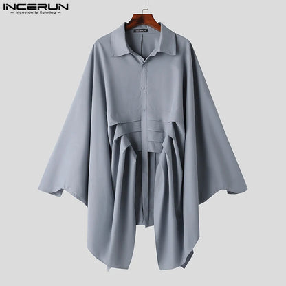 Handsome Well Fitting Tops INCERUN Men's Solid Silhouette Bat Sleeve Pleated Shirts Male Solid Loose Long Sleeved Blouse S-5XL