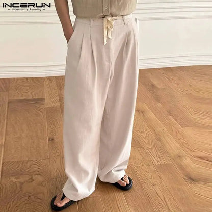 INCERUN 2024 Korean Style Trousers Men's Strappy Double Pleated Coarse Fiber Straight Leg Pant Male Solid Simple Pantalons S-5XL