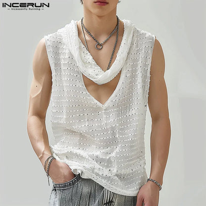 Fashion Well Fitting Tops INCERUN Men's Sexy Double Neckline Hollow Design Vests Summer Clubwear Male Sleeveless Tank Tops S-5XL