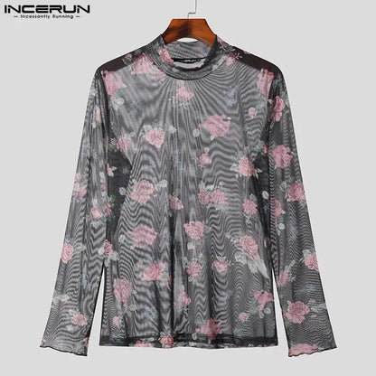 INCERUN Tops 2023 American Style Mens Printed Half High Collar See-through Mesh T-shirts Casual Thin Long Sleeved Camiseta S-5XL