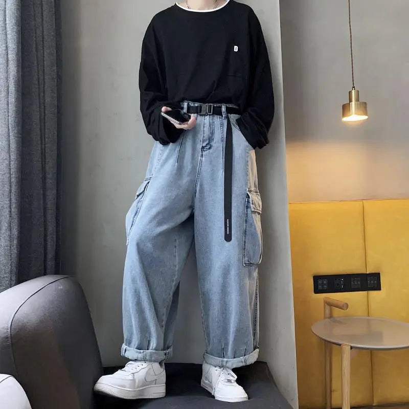 HOUZHOU Baggy-Jeans-Hose für Herren, Jeanshose, schwarze Hose mit weitem Bein, Jeans für Herren, lockere Freizeithose, koreanische Streetwear, Hip Hop, Harajuku