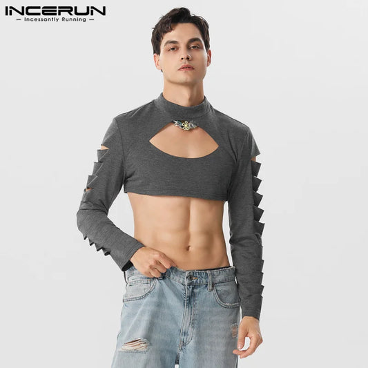 INCERUN Tops 2024 American Style New Men's Fashionable Hollowed T-shirts Casual Party Hot Selling Printed Long Sleeved Camiseta