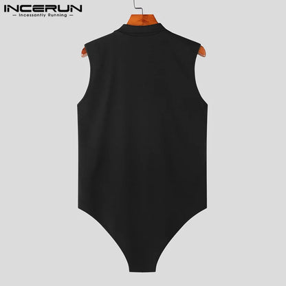 Men Bodysuits Solid Color Lapel Sleeveless Streetwear Zipper Fitness Male Rompers Tank Tops 2023 Sexy Bodysuit Men S-5XL INCERUN