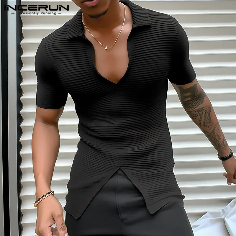 INCERUN Tops 2024 American Style Men Knitted Pit Stripe Design T-shirts Fashion Male Hem Slit Tight Short Sleeved Camiseta S-2XL