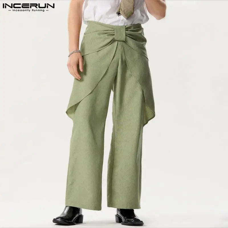 INCERUN 2024 American Style New Men Trousers Personalized Waist Design Long Pants Streetwear Leisure Solid Color Pantalons S-5XL