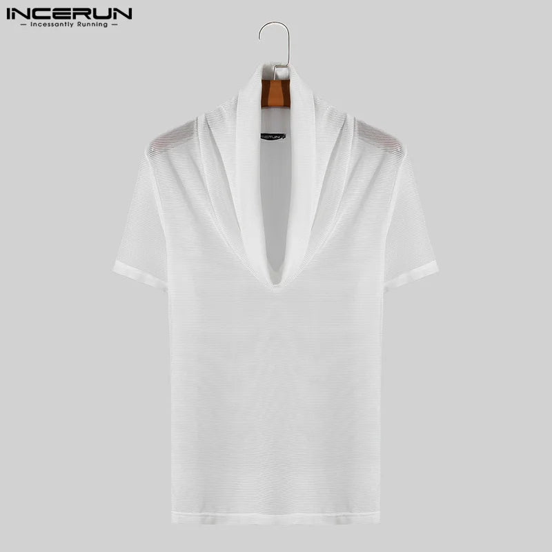 Fashion Well Fitting Tops INCERUN New Men's Pile Neck Hollow Perspective T-shirts Casual Sexy Thin Short Sleeved Camiseta S-5XL