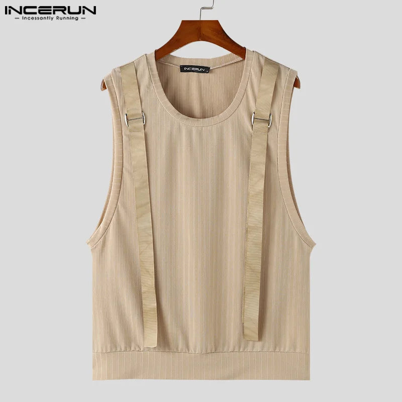 INCERUN Tops 2024 Korean Style Men's Shoulder Strap Design Stripe Vests Casual Streetwear Male O-neck Sleeveless Tank Tops S-5XL