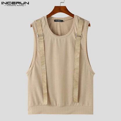 INCERUN Tops 2024 Korean Style Men's Shoulder Strap Design Stripe Vests Casual Streetwear Male O-neck Sleeveless Tank Tops S-5XL