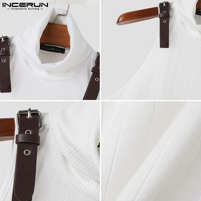 INCERUN Tops 2024 Korean Style Mens High Necked Knitted Pit Strap Leather Loop Vests Male Summer Solid Sleeveless Camiseta S-5XL