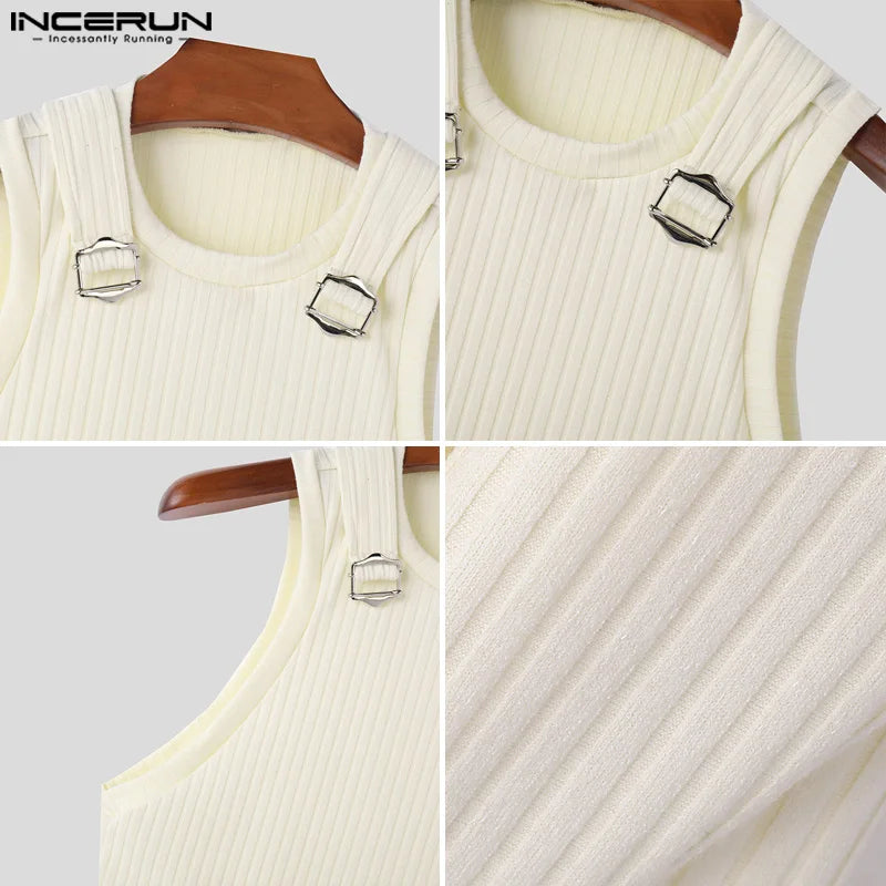 INCERUN Tops 2024 Korean Style Mens Casual Streetwear Solid Striped Metal Buckle Vests Summer Male Sleeveless O-neck Vests S-5XL