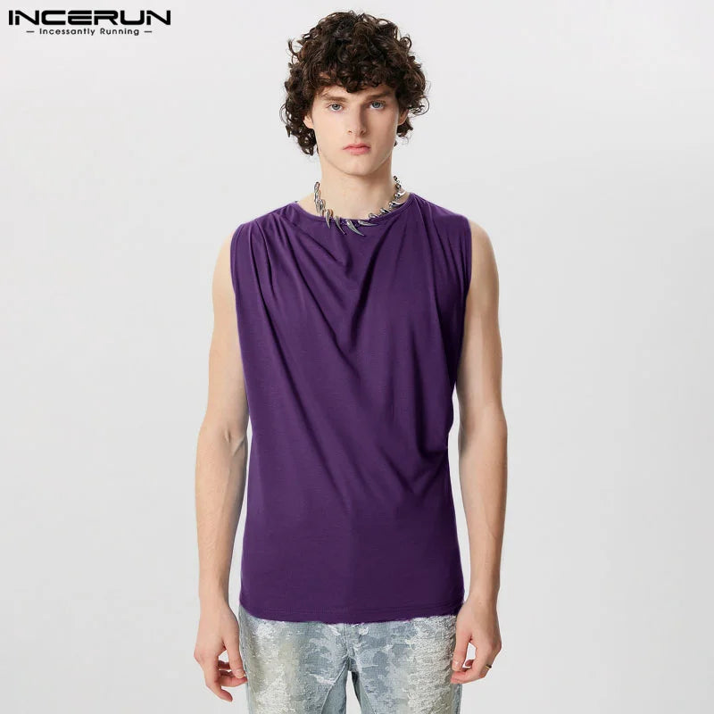 INCERUN Tops 2024 American Style New Men's Pleated Design Solid Simple Vests Leisure Streetwear Male Hot Selling Tank Tops S-5XL