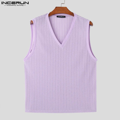 Fashion Casual Style Tops INCERUN New Men V-neck Striped Slightly Transparent Vests Summer Male Loose Sleeveless Tank Tops S-5XL