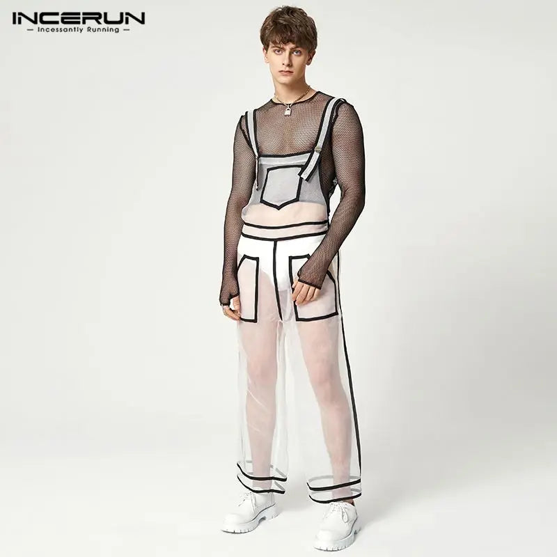 Stylish Well Fitting Rompers INCERUN Men Gauze Perspective Jumpsuit Sexy Leisure Style Male See-through Thin Bodysuit S-5XL 2024