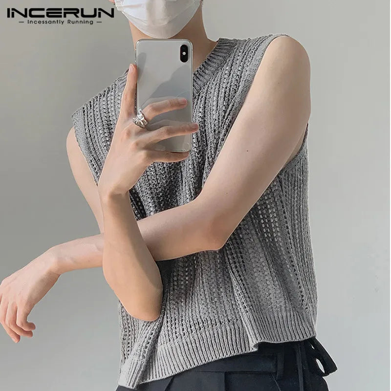 Fashion Men Tank Tops Mesh Hollow Out Transparent Streetwear Solid Color Vests 2023 O-neck Sleeveless Men Clothing S-5XL INCERUN