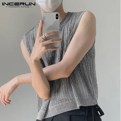 Mode Männer Tank Tops Mesh Aushöhlen Transparent Streetwear Einfarbig Westen 2023 Oansatz Ärmellose Männer Kleidung S-5XL INCERUN