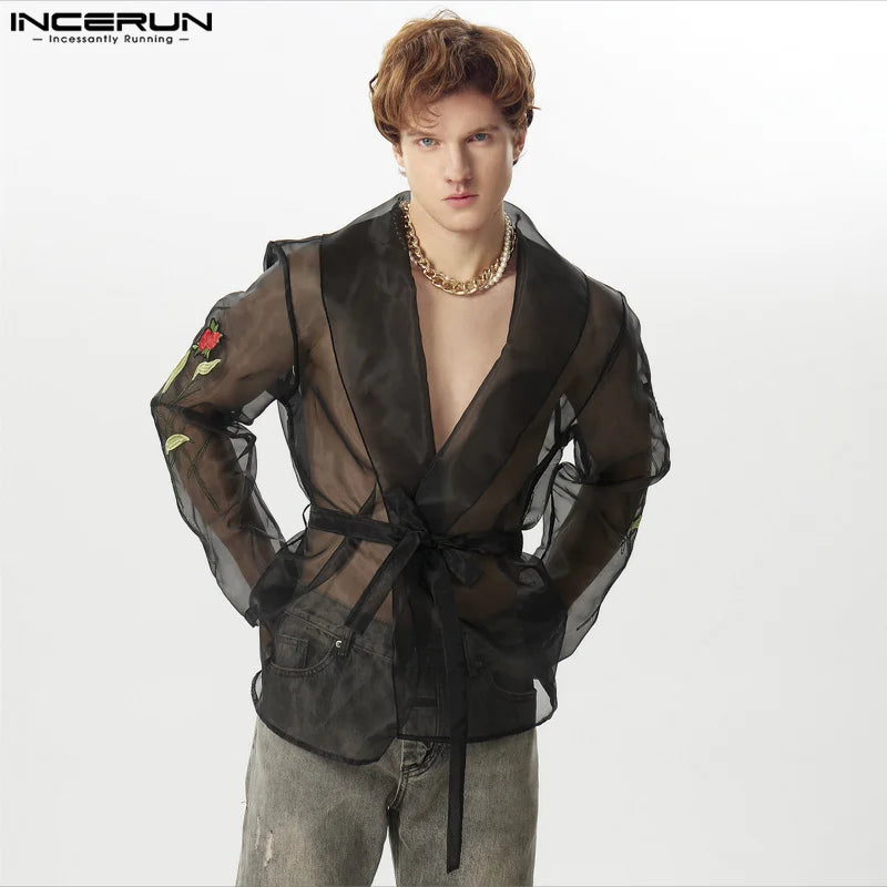 Fashion See-through Tops INCERUN 2024 Men's Rose Sticker Sleeve Shirts Casual Sexy Male Thin Long Sleeved Cardigan Blouse S-5XL