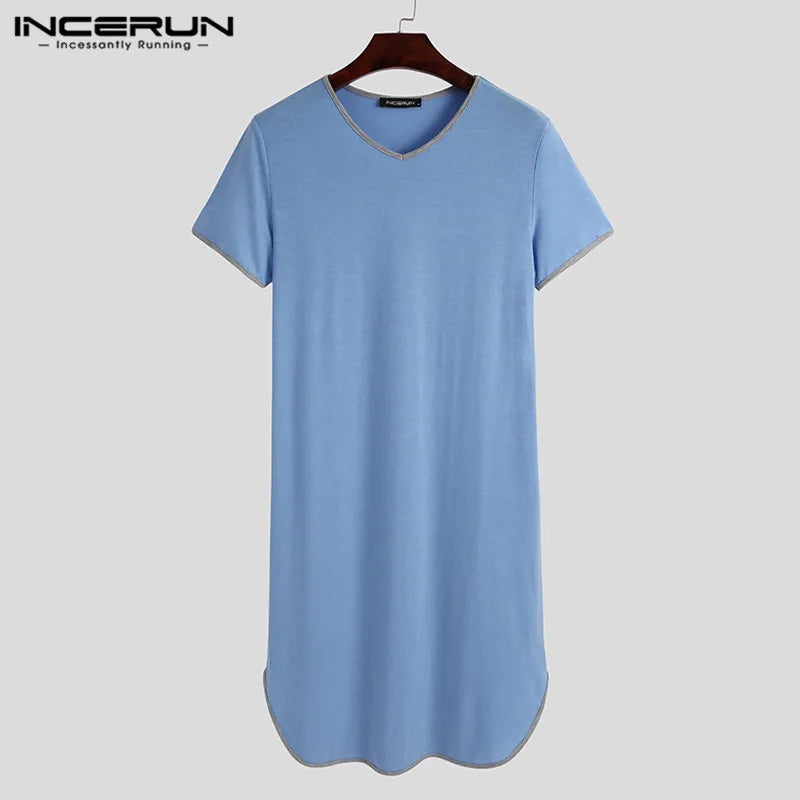 Summer Short Sleeve V Neck Homewear INCERUN Men Patchwork Sleep Robes Hombre Loose Comfy Bathrobes Casual Solid Nightgown S-5XL