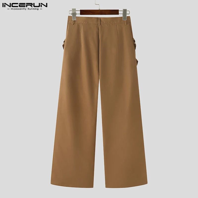 INCERUN 2024 Korean Style Trousers Fashion Men's Personality Tie Belt Decorative Pants Stylish Male Straight Leg Pantalons S-5XL