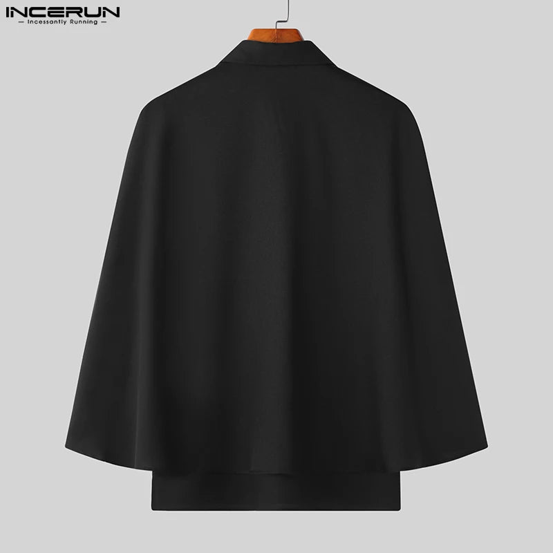 INCERUN Tops 2023 Style américain Nouveau Hommes Mode Solide Cape Faux Deux Conception Chemisier Décontracté Solide À Manches Courtes Chemises S-5XL